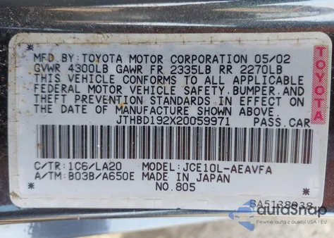 2002 Lexus Is 300 из США, поврежденный, VIN JTHBD192X20059971